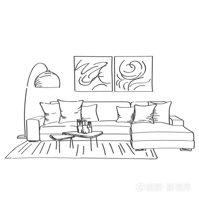 手的现代居室室内的素描画