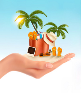 棕榈树 沙滩椅和一个手提箱的热带海滨。vacat