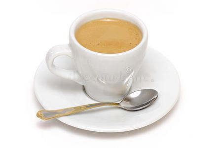 一杯带勺子的浓缩咖啡