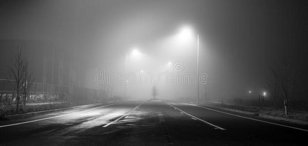 夜晚有雾的黑白街道照片