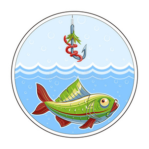 钓鱼。 水里的鱼和鱼钩