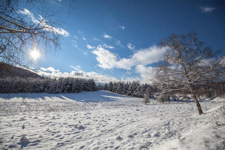 冬天 徒步旅行 降雪 领域 闪耀 山谷 天空 高的 地区