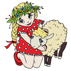 爱的羔羊可爱的小女孩拥抱一只羔羊照片