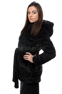 肖像 成人 高级 黑发 时尚 衣服 外套 可爱的 动物 毛皮