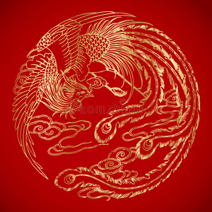 金色凤凰中国古典凤凰元素在经典的红色背景照片