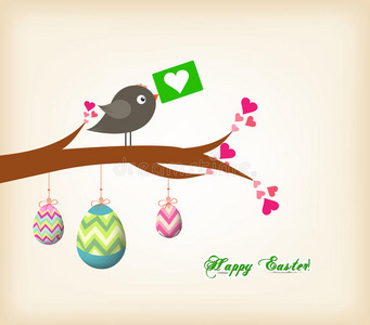 复活节彩蛋挂在带鸟的铁丝贺卡上