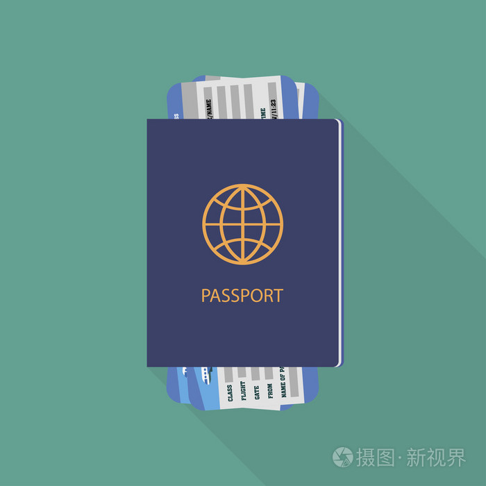 护照与机票上绿松石背景