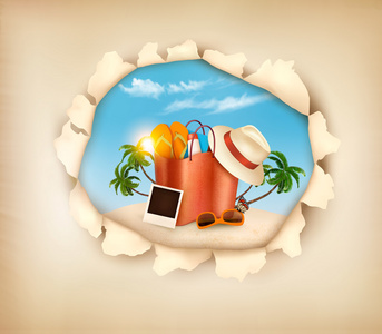 热带岛屿与棕榈树 沙滩椅和一个手提箱。度假别墅