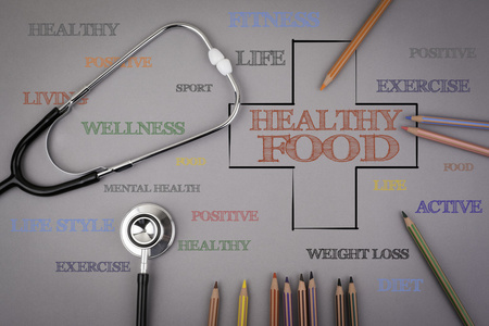 健康食品词云，健康跨界理念。彩色铅笔