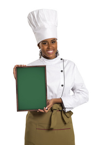 厨师。显示空菜单与副本空间的黑板的女厨师
