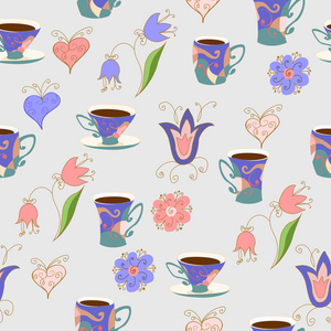 杯具的饮料 茶，咖啡，花和心