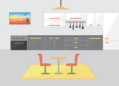 现代平面设计的厨房表和两把椅子在地毯上