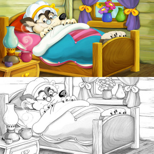卡通场景的一个女孩坐在床边哪里休息狼与着色页