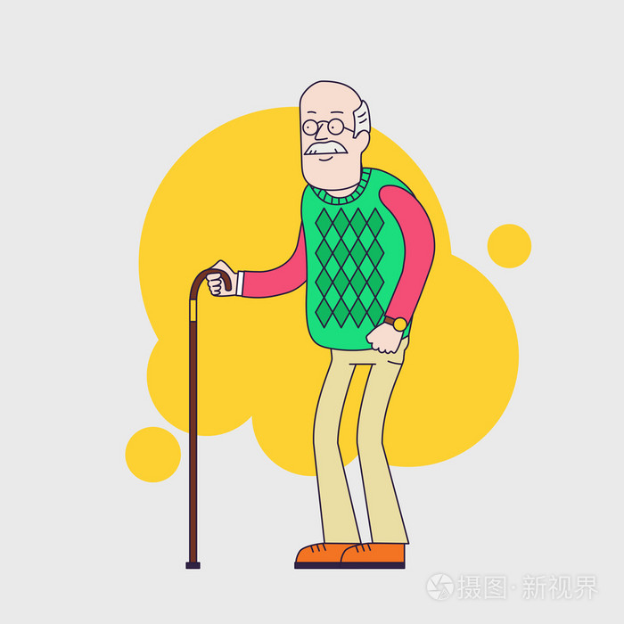 老人拄着拐杖眼镜胡子和walkins