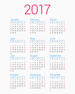 2017 年白色背景上的日历。周从星期日开始。简单的矢量模板。信纸设计模板