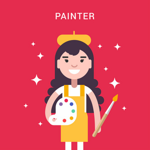 画家的概念. 带有调色板和颜料的女性卡通人物照片