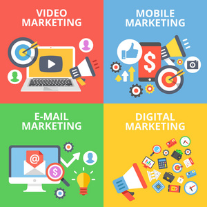 视频营销，移动营销，电子邮件营销，数字营销的平面插画概念集