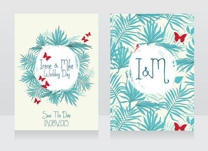 婚礼卡片与蝴蝶和棕榈叶，横幅的热带风格派对