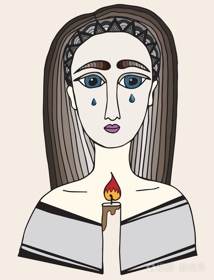 与脸上的一滴泪的多色女孩拿着一支蜡烛