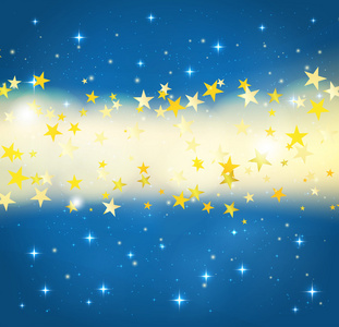 晚上天空背景与流动的光和金色星星。矢量