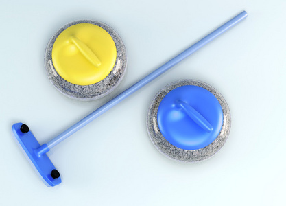 顶视图的冰壶石和刷冰.3d 渲染照片