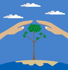 矢量平面样式的两只手,保护树照片