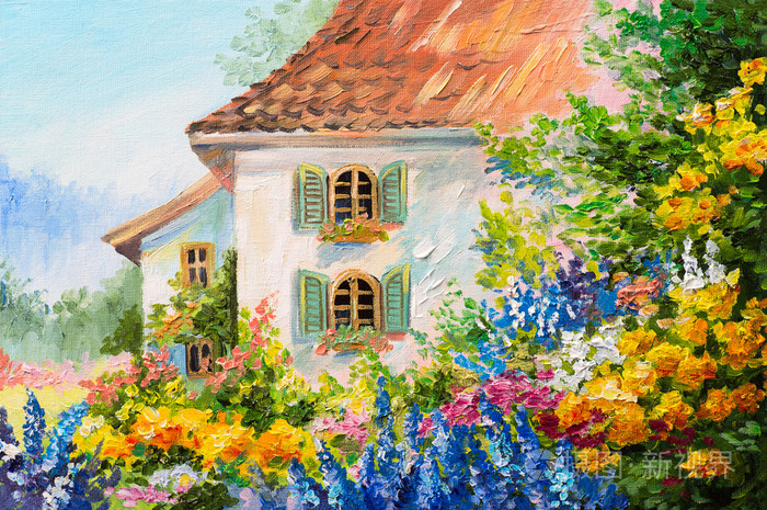 房子在花园抽象印象派油画风景