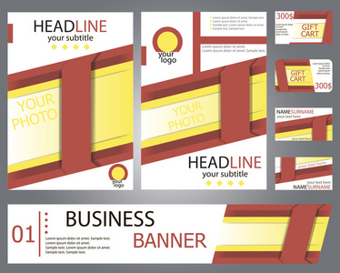 模板红色，黄色宣传册设计 横幅 礼品卡，业务名片。设置
