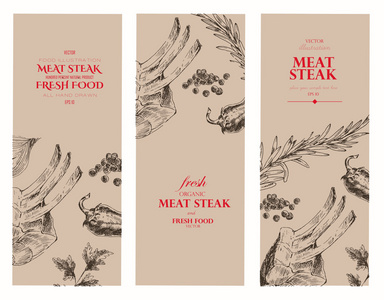 矢量肉牛排素描绘图设计师模板。企业形象的食品手绘背景