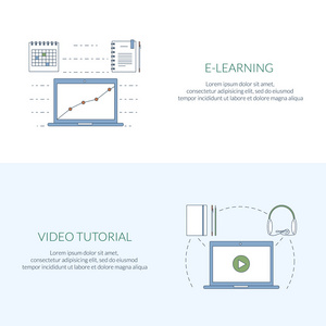 学习 学习 距离和在线教育，视频教程的设计理念。扁线 web 横幅图标