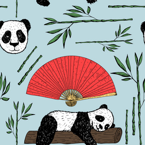 与熊猫日本风扇和竹子无缝图案。 日本