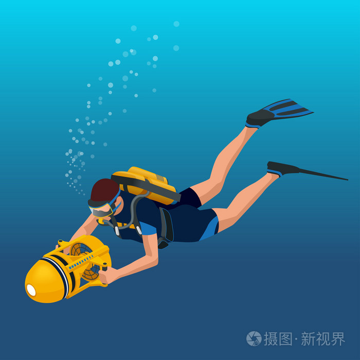 潜水员 diverflat 等距图水下人孤立和潜水员孤立潜水的极限运动.