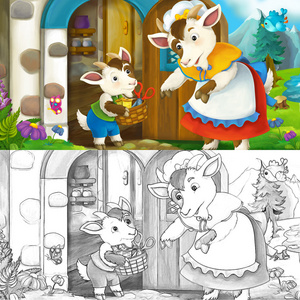 卡通场景与山羊妈妈跟她的孩子与着色页
