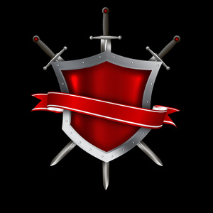 用红丝带和剑的中世纪铆接的盾照片