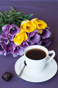 Cup 的咖啡和紫色的郁金香
