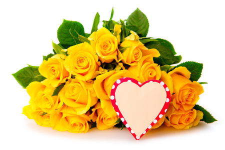 黄色玫瑰花束和心形卡