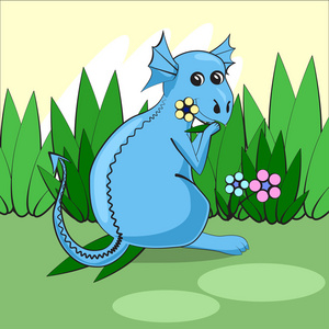 可爱的龙坐在绿色的草地上，开着花，吃着