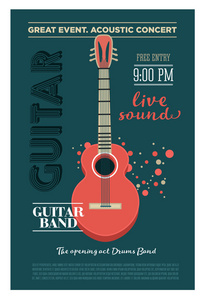 原声吉他音乐会海报模板。复古的排印矢量海报。平面样式设计