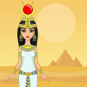 动画的埃及女王的画像.背景-沙漠景观, 金字塔.案文的地方照片