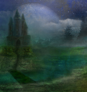 古老的城堡与月亮的抽象风景图片