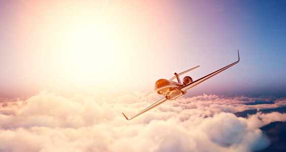 黑色豪华通用设计私人飞机翱翔于蓝天日出时的图像。巨大的白云和太阳背景。商务旅游概念。水平前, 视图。3d 渲染