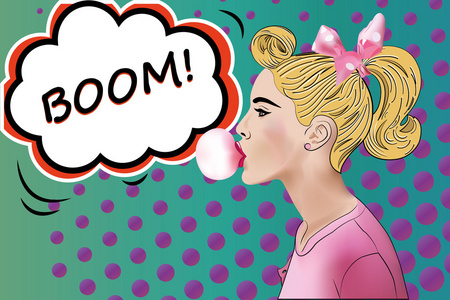 配置文件的粉红色泡泡糖波普艺术的女孩照片