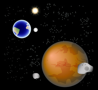 与火星，其卫星 地球 月球和太阳的抽象背景。Eps10 矢量图