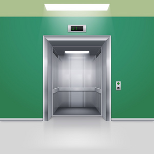 现实空现代电梯与绿色霍尔扇敞开的门