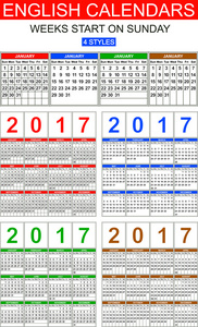 至 2017 年的英语日历。四种风格