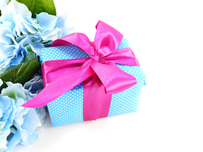 孤立在白色背景上的粉红色蝴蝶结的蓝色礼品盒