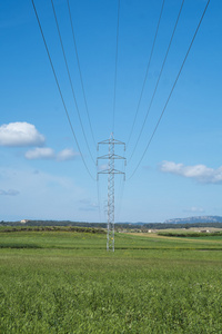 在一片蓝天下农村高压输电塔和电缆线路