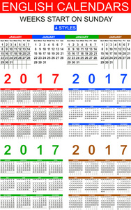 至 2017 年的英语日历。四种风格