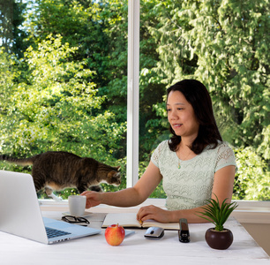 在家里使用夏时制窗口和猫在她身后的女人