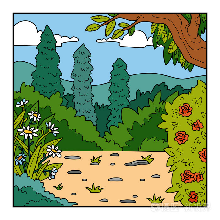 盛开的花园,在树林里阳光明媚的草地上插画-正版商用图片1nmtkm-摄图